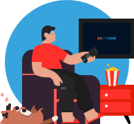 Ilustração de um homem sentado no sofá e apontando o controle remoto para a televisão