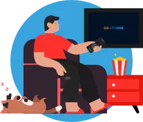 Ilustraçãode pessoa sentada no sofá com controle remoto na mão apontado a uma tv com cachorro dormindo ao lado e balde de pipoca em cima de um móvel 